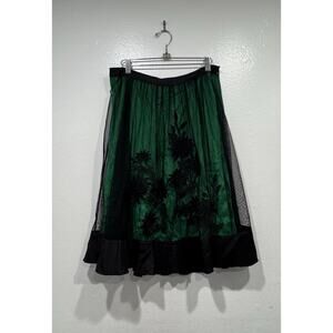 Lithe Green Sheer Black Embroidered Overlay Floral Skirt Anthropologie